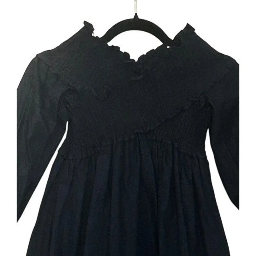 Zara Basic Black Mini Dress Sz S Smocked‎ Off-the-Shoulder Cotton Ruffle Goth